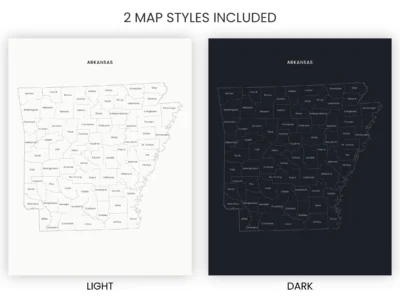 Arkansas Counties Map Printable, Labeled County Map, Light & Dark Styles
