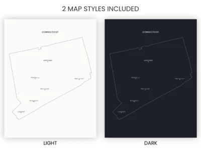 Connecticut Cities Map Printable, Labeled City Map, Light & Dark Styles