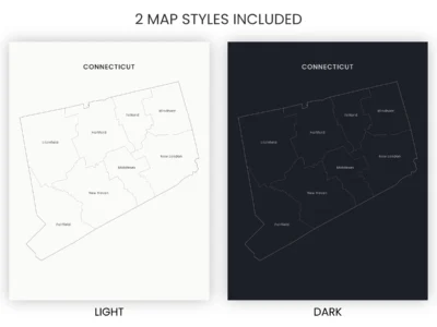 Connecticut Historic Counties Map Printable, Labeled Map, Light & Dark Styles