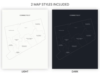Connecticut Planning Regions Map Printable, Labeled Map, Light & Dark Styles