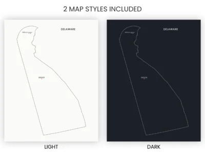 Delaware Cities Map Printable, Labeled City Map, Light & Dark Styles
