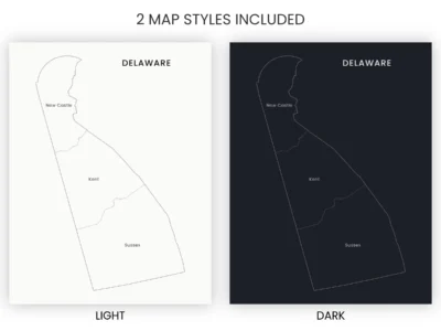 Delaware Counties Map Printable, Labeled County Map, Light & Dark Styles
