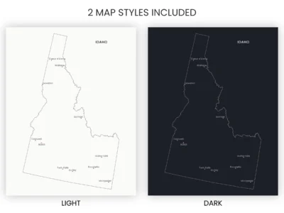 Idaho Cities Map Printable, Labeled City Map, Light & Dark Styles