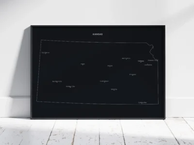 kansas-cities-map-printable-dark-black-frame Kansas Cities Map Printable, Labeled City Map, Light & Dark Styles