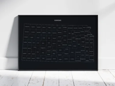 kansas-counties-map-printable-dark-black-frame Kansas Counties Map Printable, Labeled County Map, Light & Dark Styles