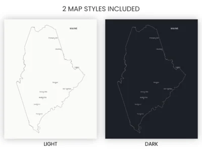Maine Cities Map Printable, Labeled City Map, Light & Dark Styles