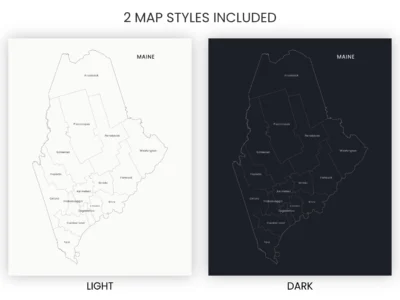 Maine Counties Map Printable, Labeled County Map, Light & Dark Styles