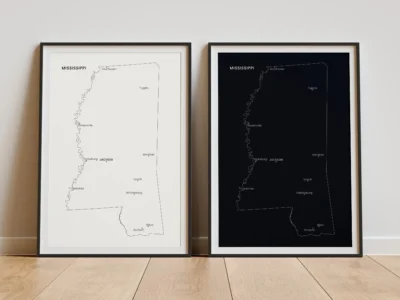 Mississippi Cities Map Printable, Labeled City Map, Light & Dark Styles