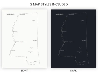 Mississippi Cities Map Printable, Labeled City Map, Light & Dark Styles