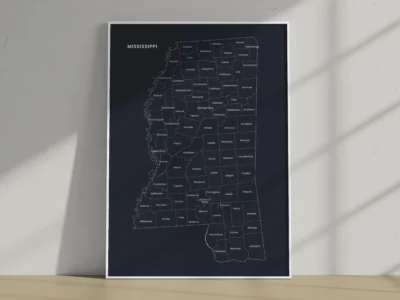 Mississippi Counties Map Printable, Labeled County Map, Light & Dark Styles
