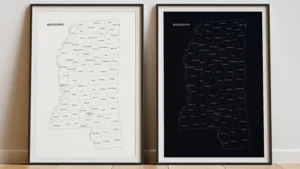 Mississippi Counties Map Printable, Labeled County Map, Light & Dark Styles