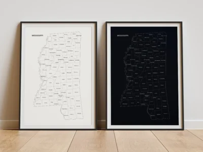 Mississippi Counties Map Printable, Labeled County Map, Light & Dark Styles