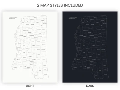 Mississippi Counties Map Printable, Labeled County Map, Light & Dark Styles