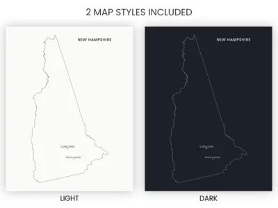 New Hampshire Cities Map Printable, Labeled City Map, Light & Dark Styles