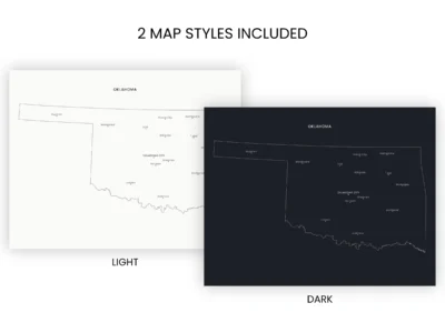 Oklahoma Cities Map Printable, Labeled City Map, Light & Dark Styles