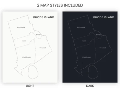 Rhode Island Counties Map Printable, Labeled County Map, Light & Dark Styles