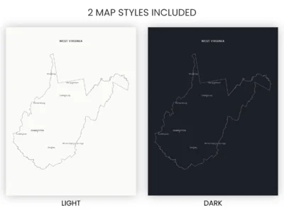 West Virginia Cities Map Printable, Labeled City Map, Light & Dark Styles