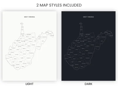 West Virginia Counties Map Printable, Labeled County Map, Light & Dark Styles