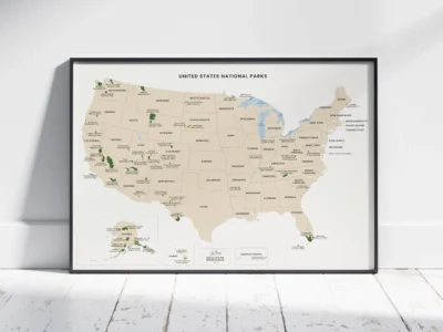 USA National Parks Map Printable, All 63 National Parks with Boundaries & Names
