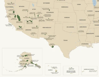 USA National Parks Map Printable, All 63 National Parks with Boundaries & Names